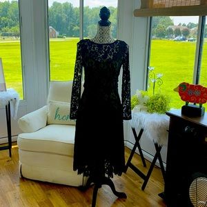 Black lace overlay over army green dress   Sz6